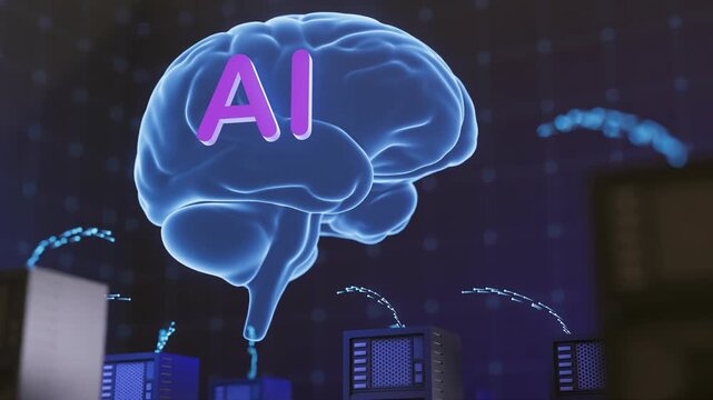 Illustration shows a digital brain with AI label surrounded by computer systems and data connections in a technology setting.