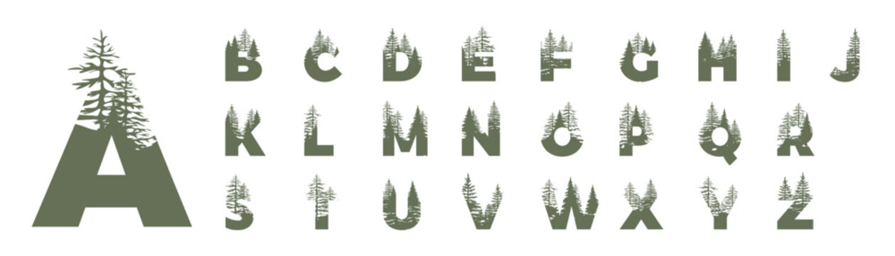 A to Z outdoor wilderness treetop lettering. a,b,c,d,e,f,g,h,i,j,k,l,m,n,o,p,q,r,s,t,u,v,w,x,y,z

