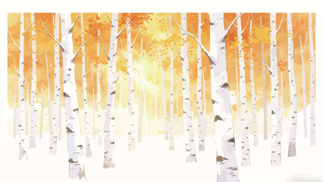 Watercolor Painting of Sunlit Autumn Birch Forest, Warm Golden Sunlight Filtering Through White Trunk Trees, Serene Fall Woodland Landscape in Soft Golden and Orange Autumnal Tones