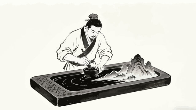 Traditional Ink Wash Painting of an Ancient Scholar in Hanfu Grinding an Ink Stick, With Surreal Mountain Landscape Emerging From a Large Carved Inkstone