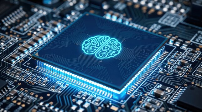 Artificial intelligence microprocessor with glowing brain icon, futuristic AI chip on circuit board, digital neural network technology concept