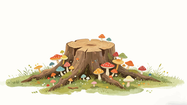 Watercolor Illustration of an Old Weathered Tree Stump Covered in Colorful Wild Mushrooms, Nestled in Lush Green Grass Against a Clean Plain Background