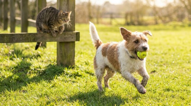 Happy dog running with ball while cat watches from a wooden fence