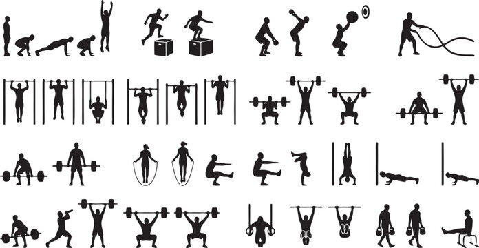 CrossFit and Functional Training Exercise Silhouette Icon Set.