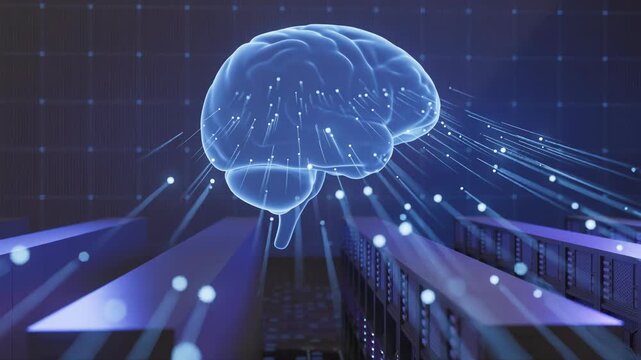 Visualization of a digital brain in a technology setting with data flowing and servers in the background during a modern tech demonstration.