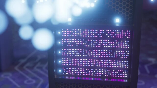 Light patterns display on computer setup during nighttime view in a modern workspace with tech equipment.