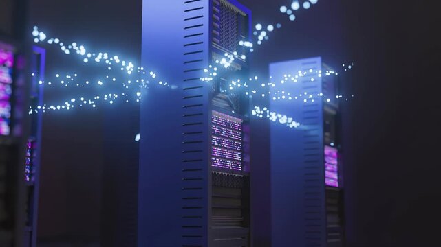 Servers with blue lights and patterns in a data center at night.