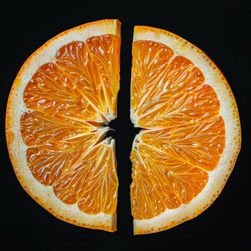 Close-up of juicy orange slice cut in half on black