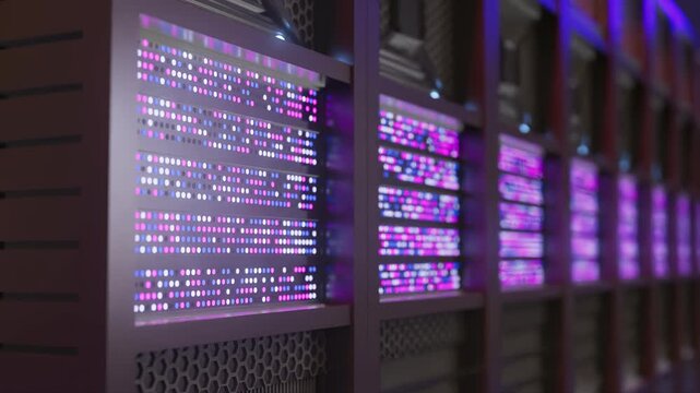 Digital display units show colorful lights and data patterns in a technology setting during the evening hours.