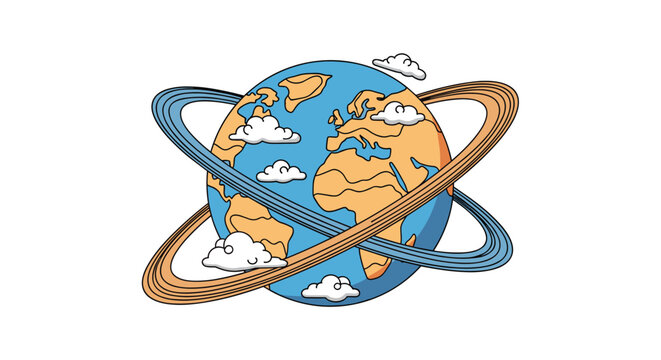 Planet Earth is depicted with a unique set of double rings and white clouds floating in its blue atmosphere.