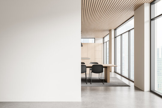 Blank wall mockup beside modern interior space with wooden ceiling, large windows and minimalist dining area in bright architecture setting. 3D Rendering