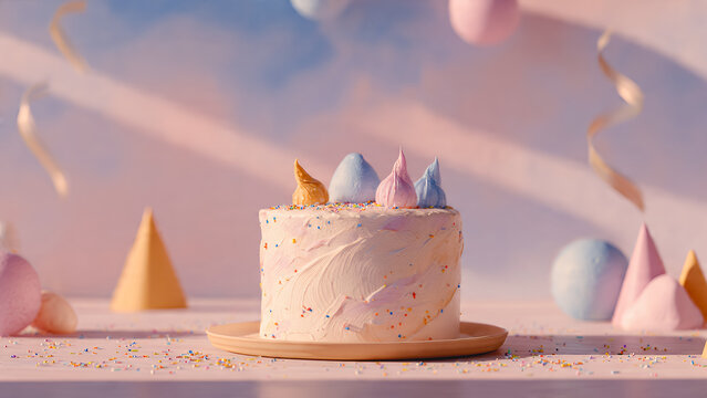 Minimalist birthday decoration with slightly messy cake frosting and lopsided frosting, soft pastel colors, a cheerful and imperfect composition, and a humorous and lighthearted fatherly feel.