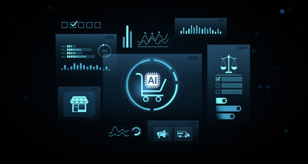 Fototapeta premium Digital shopping cart with AI chip icon surrounded by futuristic analytics panels and glowing interface elements on dark tech background.. 3D Rendering