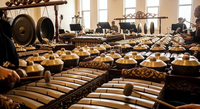 Javanese gamelan orchestra ensemble playing traditional bronze metallophone instruments indoors with soft natural light for cultural performance.