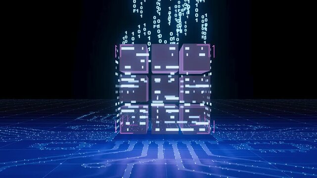 Digital cube with floating binary code in a dark virtual environment showing modern technology and innovation trends.