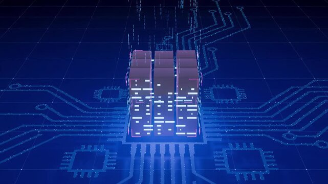 Digital data cube on a circuit board with glowing lines and binary code in a tech environment.
