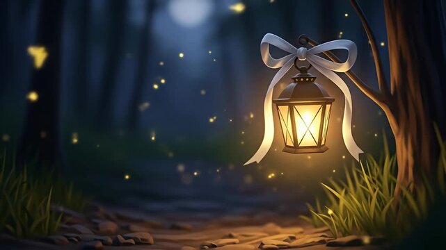 Glowing lantern with a white bow hangs from a tree branch in a dark forest scene
