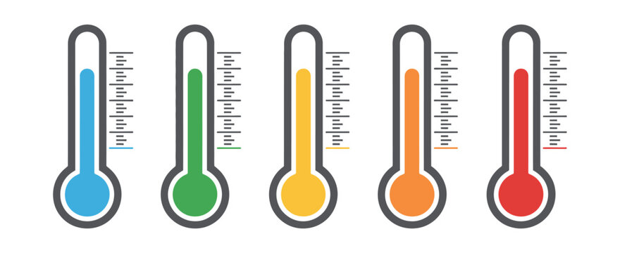Thermometer icon set colorful vector illustration with temperature levels in blue, green, yellow, orange and red