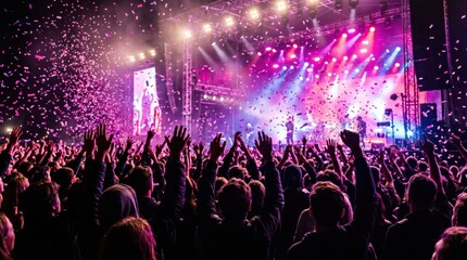 Vibrant music concert crowd with confetti, energetic live performance under pink stage lights, cheering fans at outdoor festival event