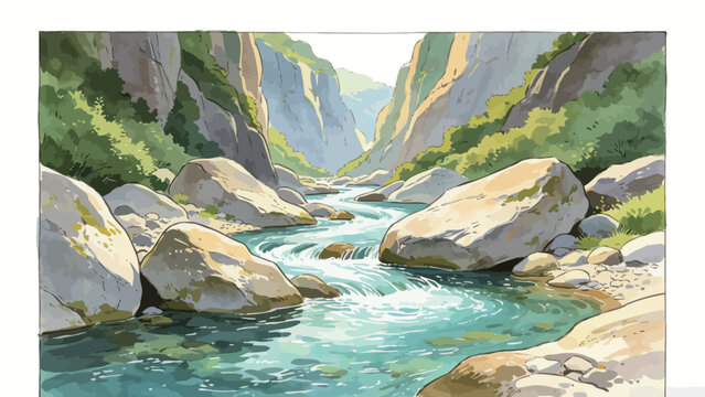 Watercolor Illustration of a Sunlit Mountain Gorge Mountain Stream Flowing Past Smooth Mossy Boulders on a Calm Quiet Day