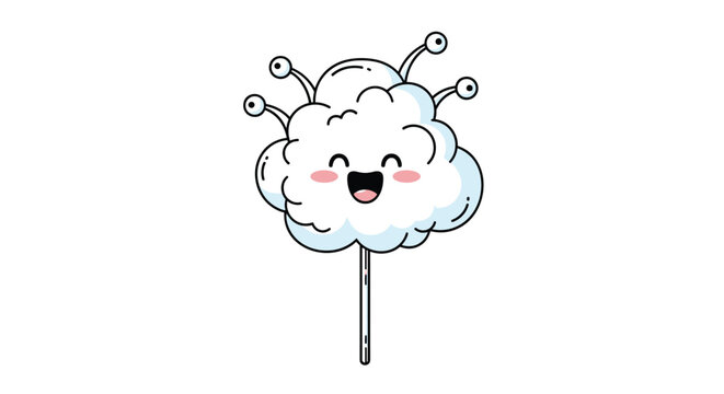 Whimsical white cloud monster character with many eyes on long stalks smiling isolated on a plain white background.