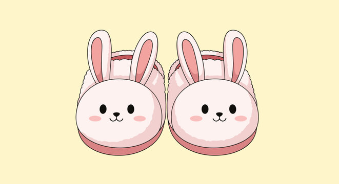 Pair of cute pink bunny rabbit slippers with ears and blushing cheeks isolated on a light yellow background.