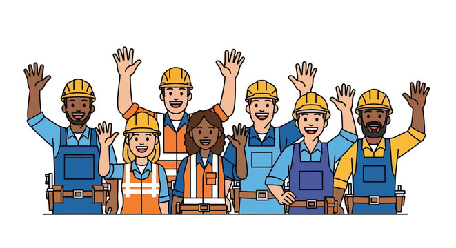 Diverse construction workers waving hands.