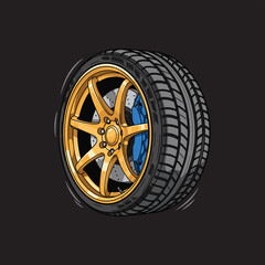Obraz premium Stylized automotive wheel featuring a bright gold multi-spoke alloy rim, a blue brake caliper, and a treaded performance tire.