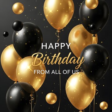 Elegant happy birthday celebration gold and black balloons with festive typography