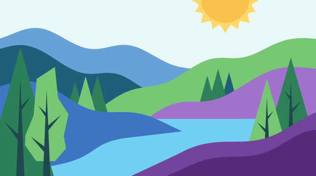 A vibrant and colorful landscape artwork featuring rolling hills, lush trees, and a bright sun above a serene body of water, evoking feelings of peace and nature.