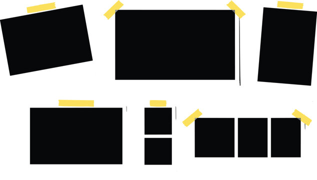 Photo frame mockup set with tape scrapbook collage template vector illustration blank black placeholders for memory album design
