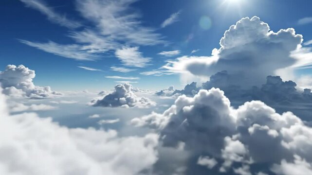Epic cloudscape view from above, blue sky and bright sunshine, fluffy white cumulus clouds, high altitude scenic aerial landscape