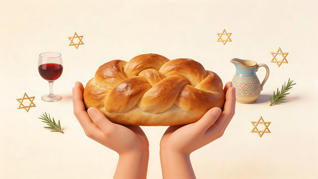 Hands holding braided bread with wine and stars