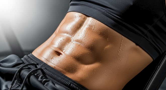 Close up of sweaty abdominal muscles on a fit person. Highly defined six pack abs glistening with sweat after a gym workout. Fitness and bodybuilding concept