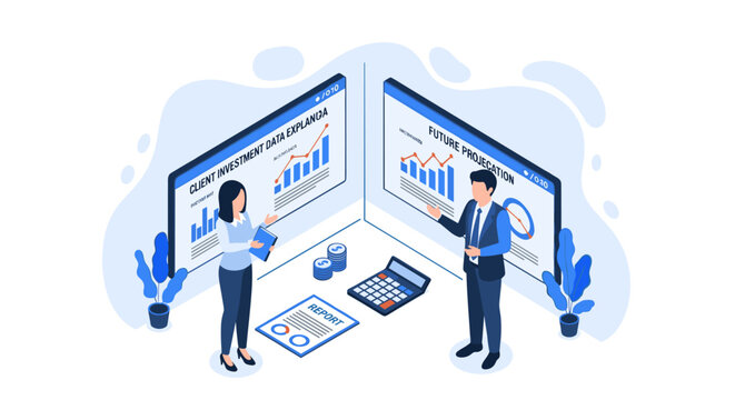 A business man and woman discuss financial data on digital screens featuring bar charts and projections in a professional office environment with cool blue lighting.