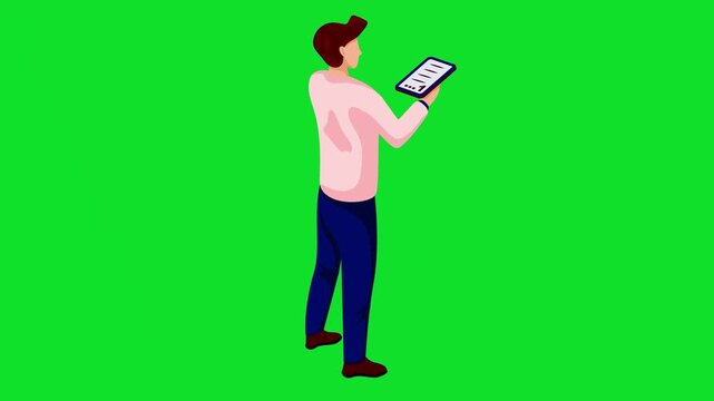 3D isometric character of a man in a pink shirt and blue trousers interacting with a digital tablet, perfect for tech, business 4k stock animation video on a green screen background.
