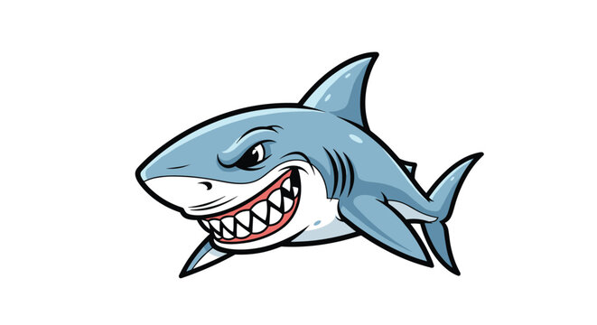 Fierce and aggressive blue shark character with a mean expression and sharp teeth swimming through the white background.