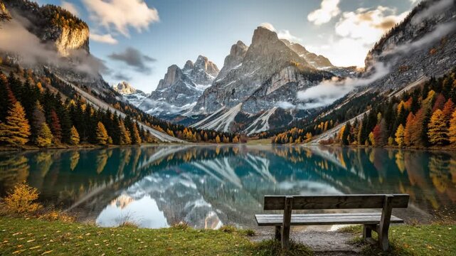 Breathtaking scenic view of a mountain lake with a wooden bench, reflecting autumn foliage and the peaks