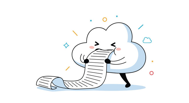 Whimsical cloud character with tiny arms and legs looks overwhelmed while holding a very long list of items printed on paper.