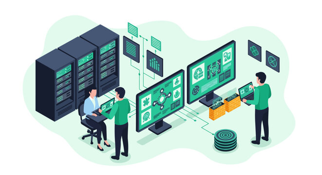 Two technical IT specialists operate computers and monitor data center server network infrastructure in a clean digital workspace with a soft light green background motif.
