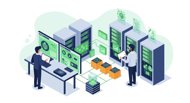 Professional IT engineers manage complex database server arrays and network equipment using desktop workstations within a bright office space featuring a cool blue tone.
