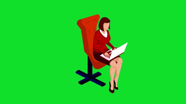 3D isometric character of a professional woman in red sitting in an office chair using a laptop, ideal for corporate training, tech support 4k stock animation video on a green screen background.