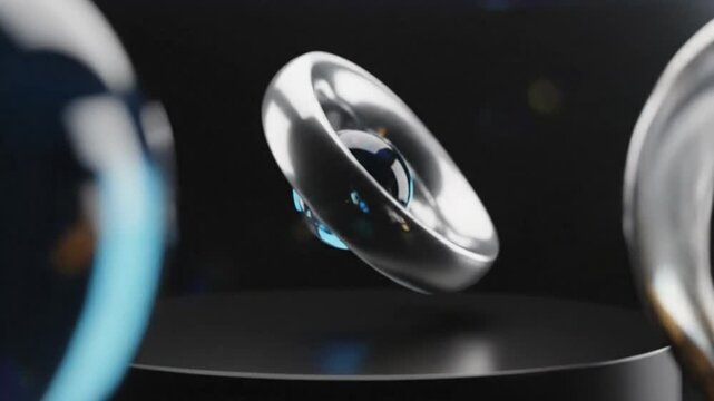 Abstract futuristic composition with metallic torus and spheres on a black display platform, rotating 3D rendering