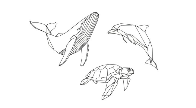 Set of geometric sea animals, whale, dolphin and turtle, vector illustration