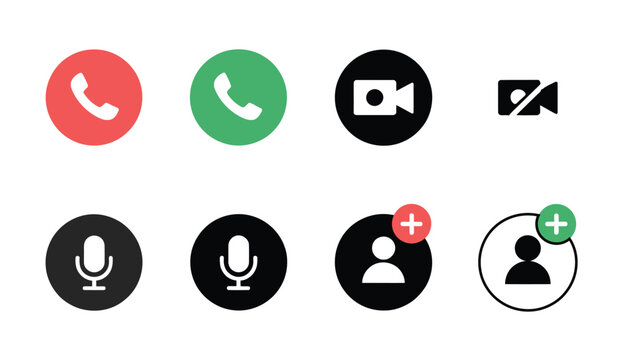 Video call icon set featuring online video chat controls, meeting interface buttons, conferencing and collaboration workspace design