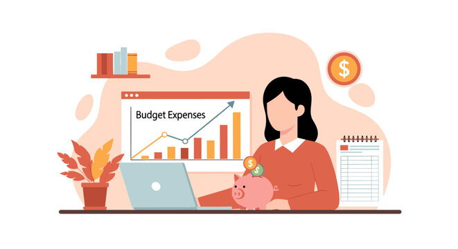 A woman manages her personal budget expenses on a laptop while saving money in a pink piggy bank at a desk with a rising financial chart in a warm office.