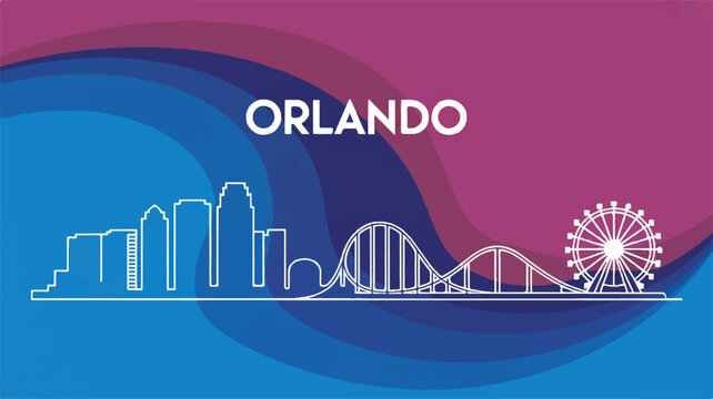 A stylized cartoon illustration of a great white shark swimming underwater near Orlando landmarks