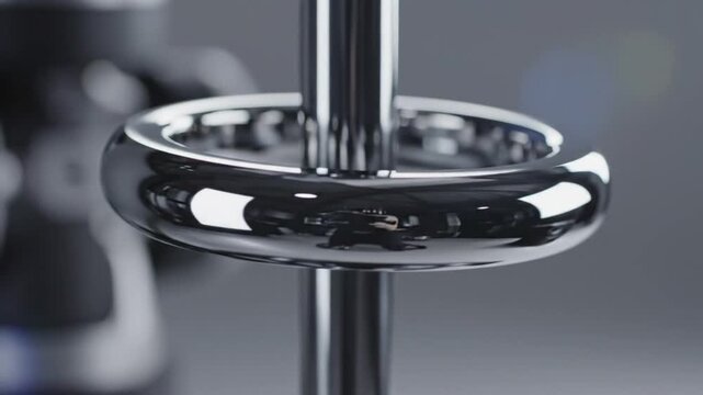 Glossy chrome ring rotating around a steel bar against a blurred background in a studio