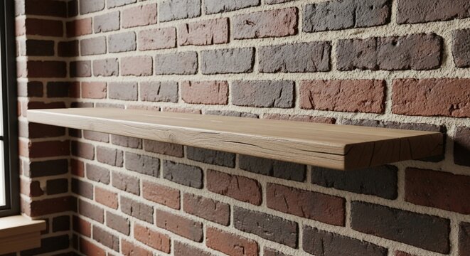 Brick wall and wooden shelf