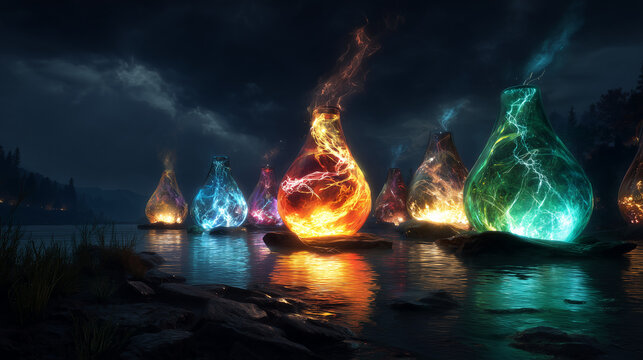 Glowing Magical Potion Bottles with Elemental Energy at Night Lake